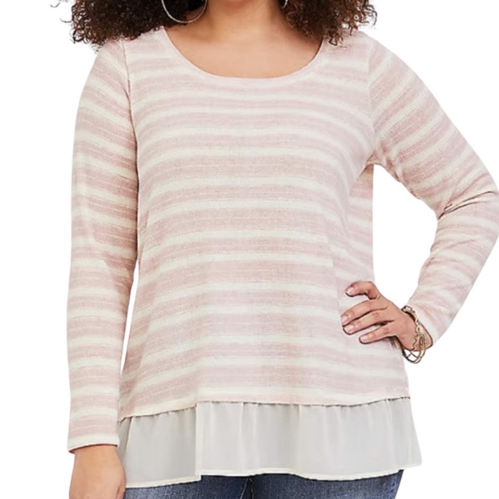 torrid Cream/Mauve Striped Scoop Neck Long Sleeve 2fer Top 0(L)